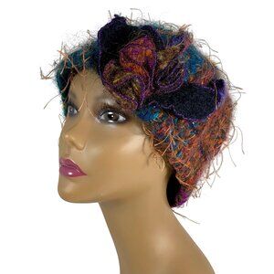 Handmade Multicolor Wool & Mohair Cloche Hat With Floral Applique